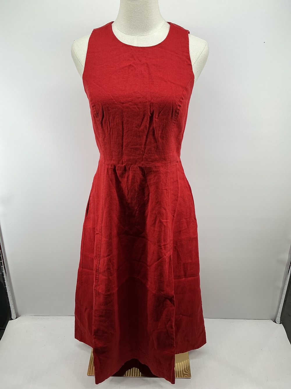 100% European Linen High Neck Midi Dress